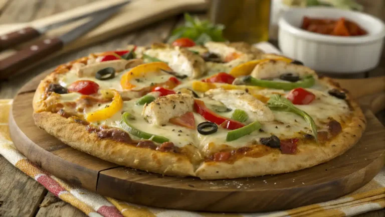 Delicious chicken crust pizza recipe topped with fresh ingredients.