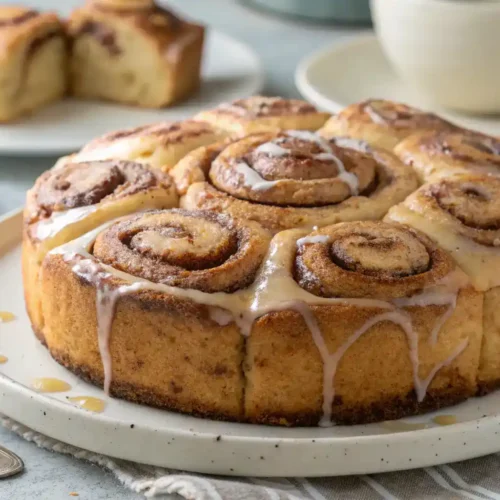 A freshly baked cinnamon roll cake with icing on a plate.