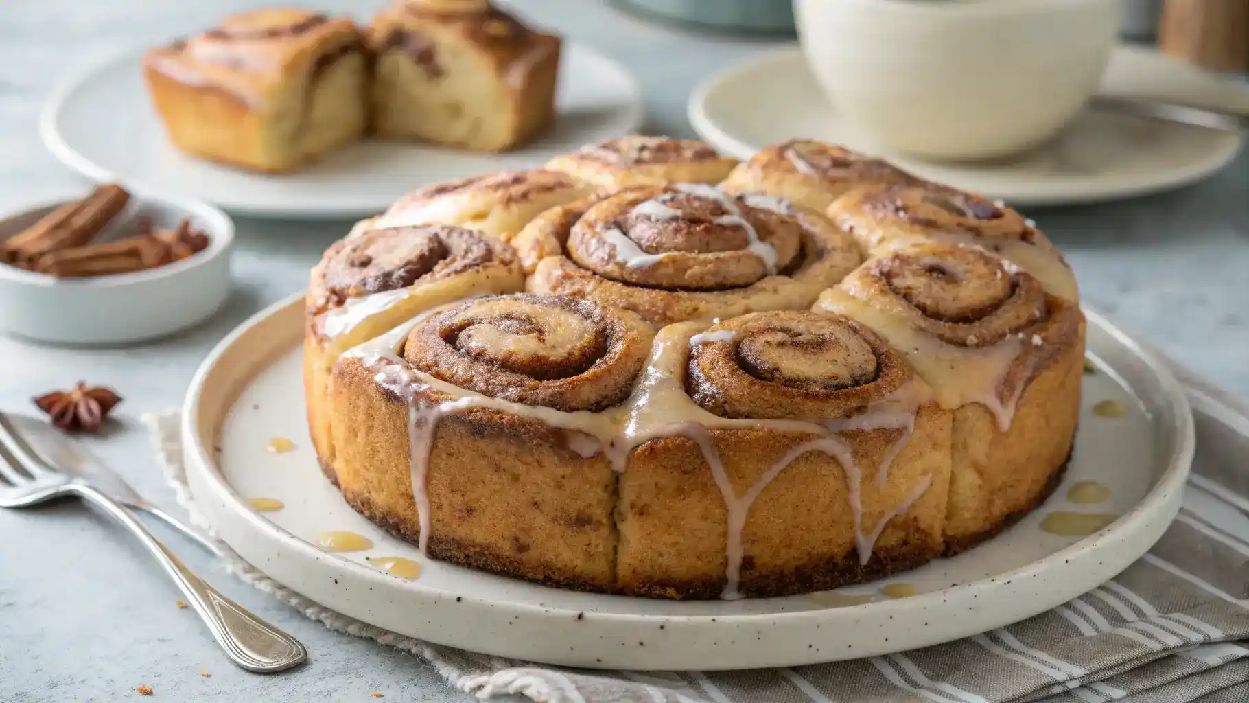A freshly baked cinnamon roll cake with icing on a plate.