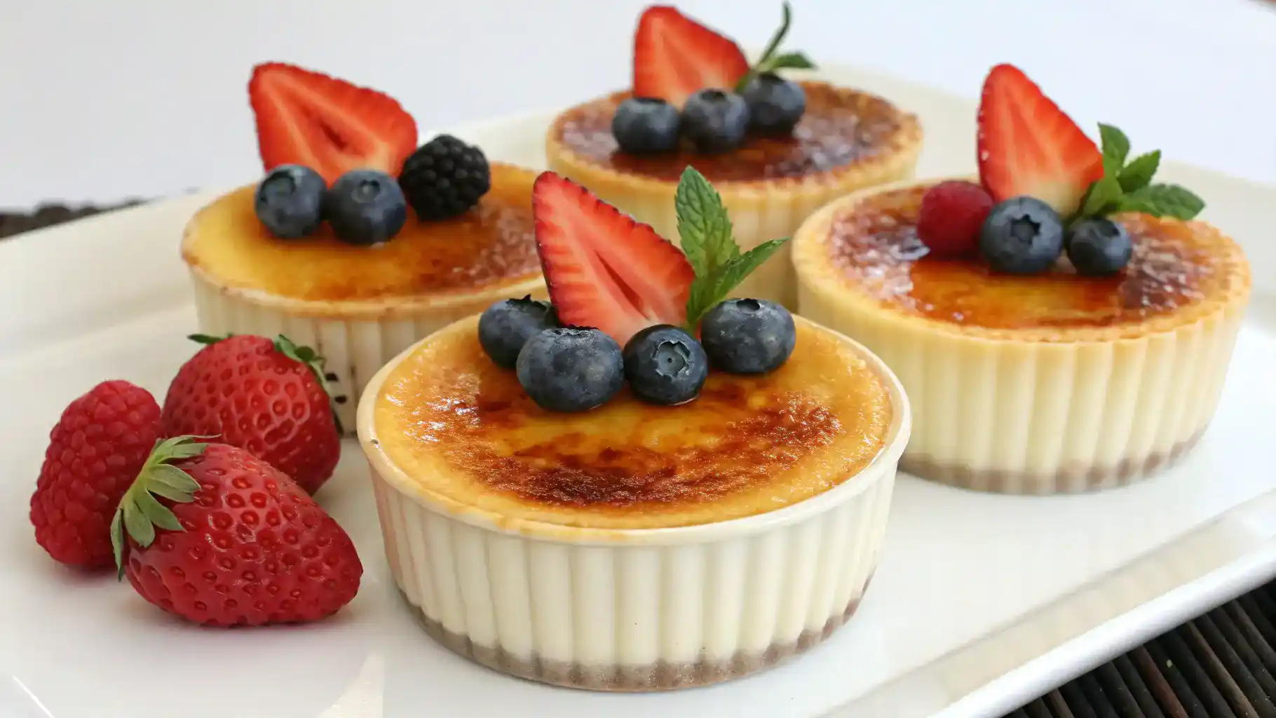 Delicious creme brulee cupcakes topped with caramelized sugar and fresh berries.