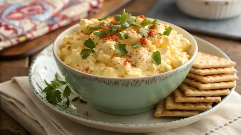 A bowl of creamy egg salad garnished with paprika and herbs, served with crackers.