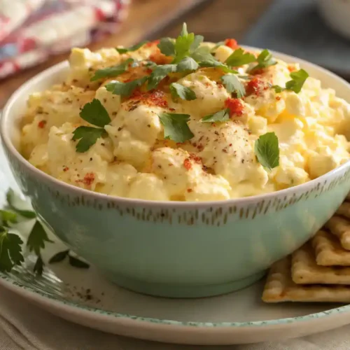 A bowl of creamy egg salad garnished with paprika and herbs, served with crackers.
