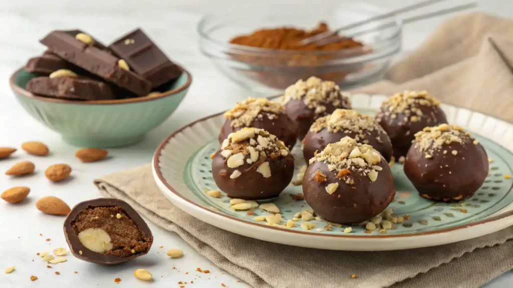 Finished Healthier Chocolate Almond Truffles on a decorative plate.