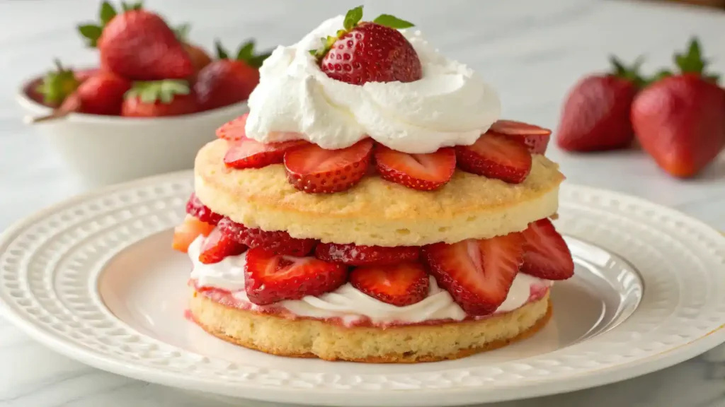 A beautifully plated Homemade Strawberry Shortcake with layers of strawberries and whipped cream.