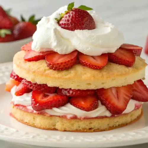 A beautifully plated Homemade Strawberry Shortcake with layers of strawberries and whipped cream.