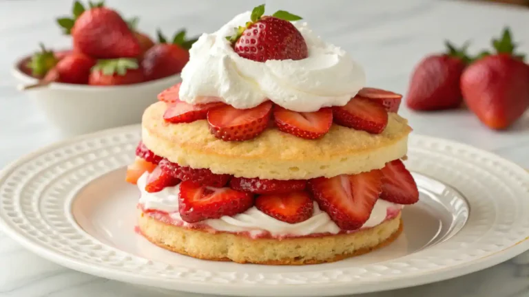A beautifully plated Homemade Strawberry Shortcake with layers of strawberries and whipped cream.