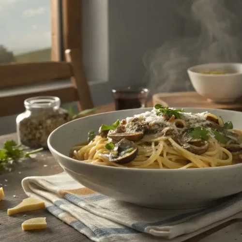 A bowl of Mushroom Pasta topped with fresh herbs and cheese, ready to be served.