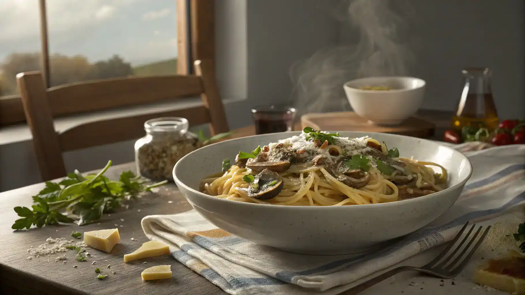 A bowl of Mushroom Pasta topped with fresh herbs and cheese, ready to be served.