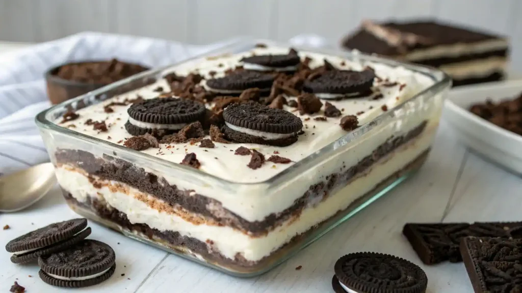 A beautifully presented OREO LASAGNA with layers of cream and chocolate.