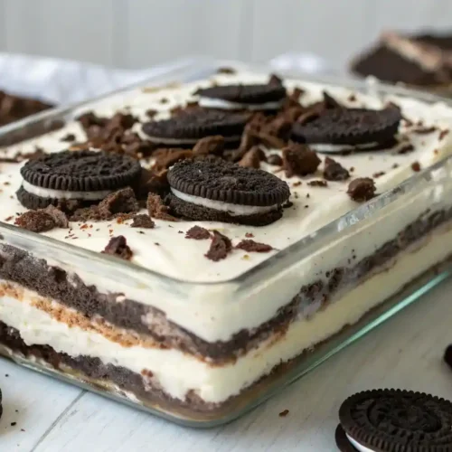 A beautifully presented OREO LASAGNA with layers of cream and chocolate.
