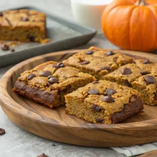 Freshly baked Pumpkin Chocolate Chip Oatmeal Bars served on a rustic plate.