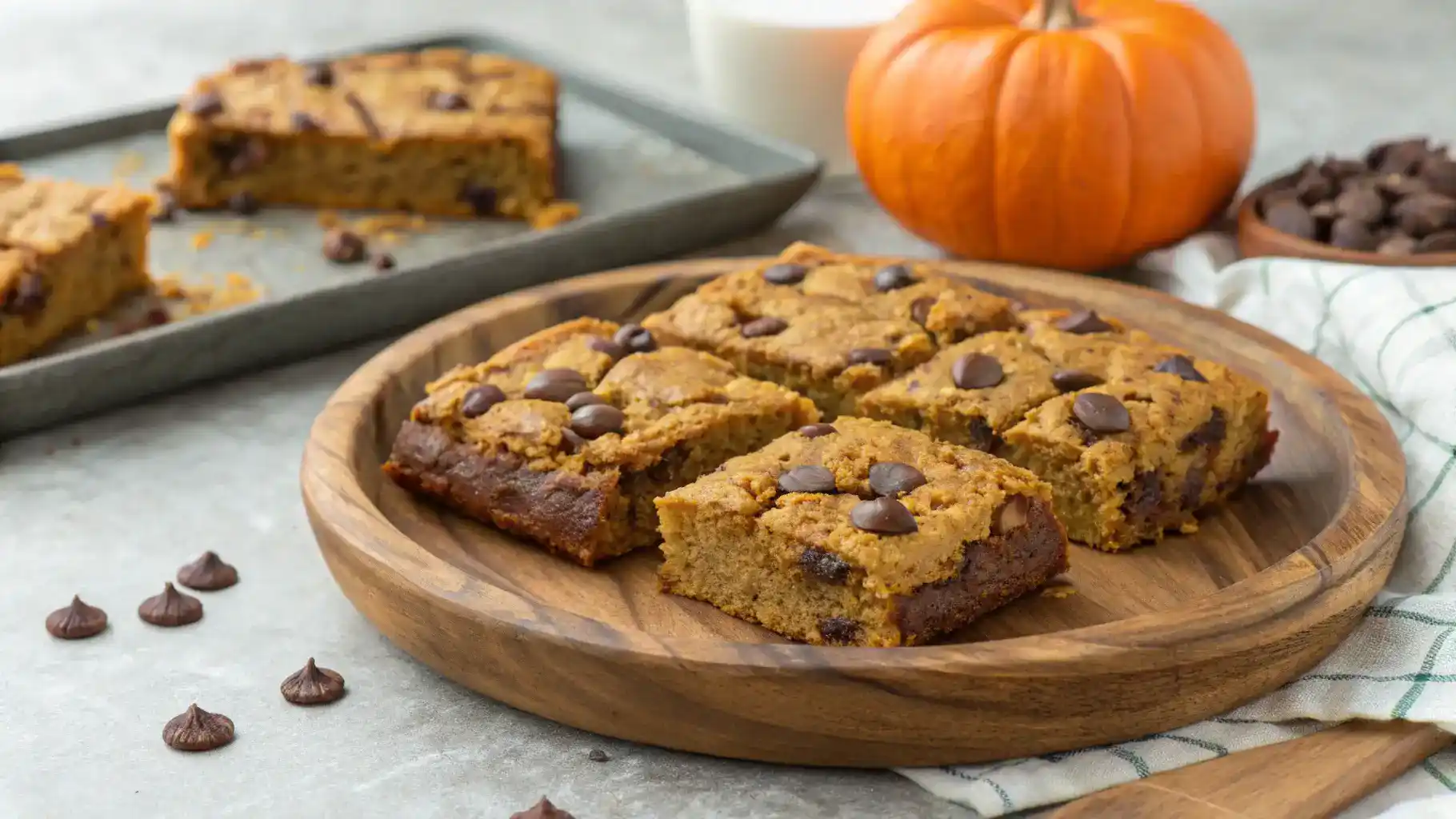 Freshly baked Pumpkin Chocolate Chip Oatmeal Bars served on a rustic plate.