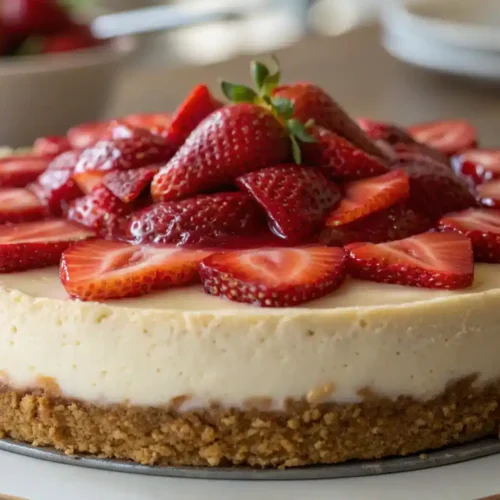 A delicious Strawberry Cheesecake topped with fresh strawberries and a graham cracker crust.
