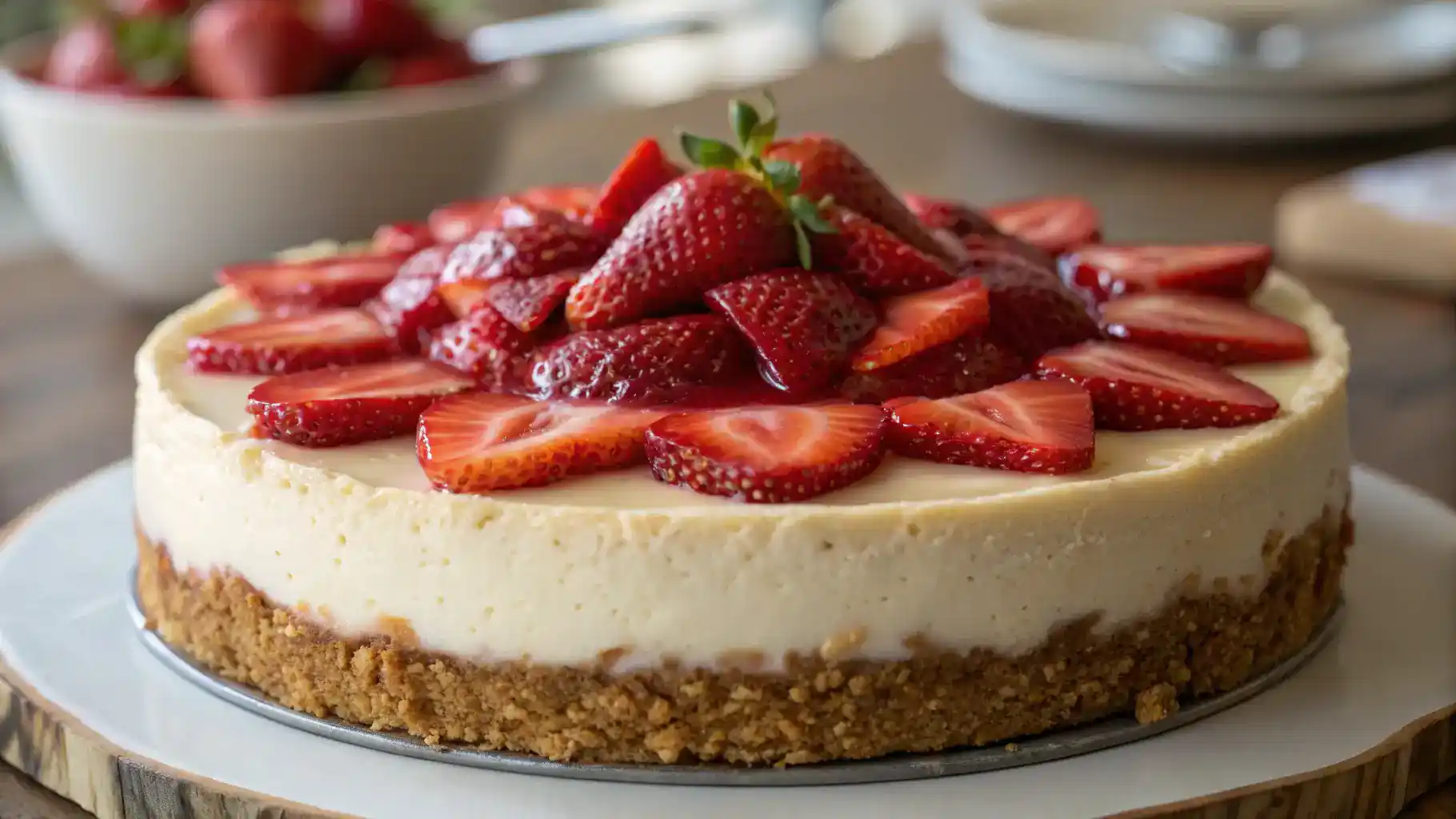 A delicious Strawberry Cheesecake topped with fresh strawberries and a graham cracker crust.