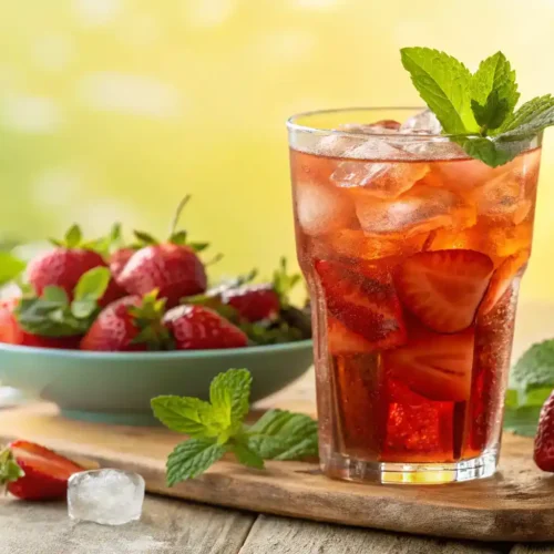 A glass of Strawberry Ice Tea garnished with mint leaves and strawberry slices.