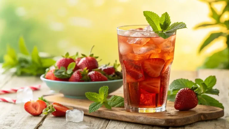 A glass of Strawberry Ice Tea garnished with mint leaves and strawberry slices.