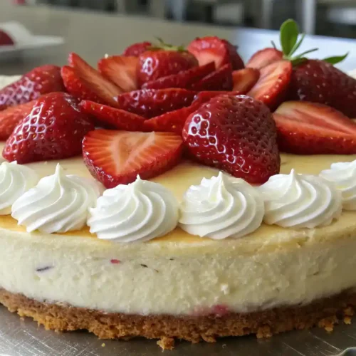 A finished Strawberry Shortcake Cheesecake garnished with strawberries and whipped cream.