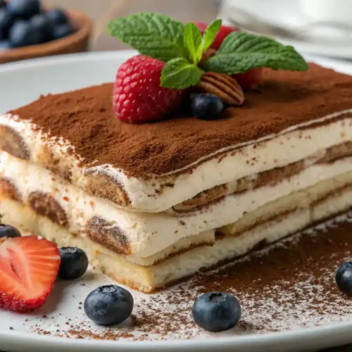 A beautifully plated Tiramisu dessert, showcasing its creamy layers and cocoa dusting.