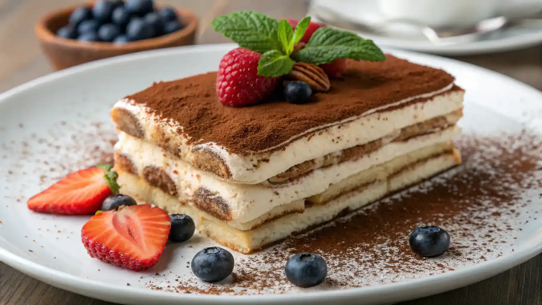 A beautifully plated Tiramisu dessert, showcasing its creamy layers and cocoa dusting.