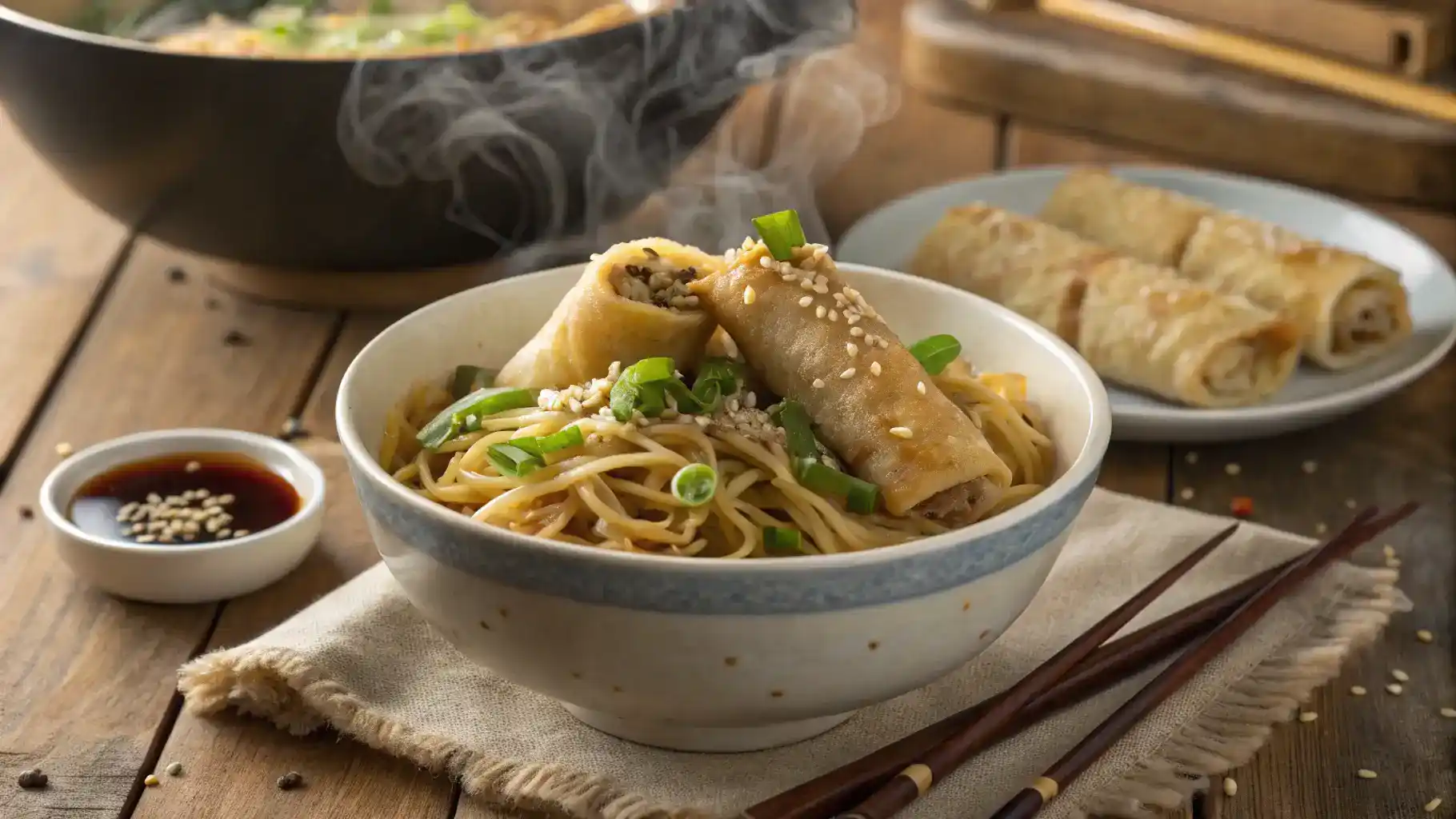 A bowl of egg roll in a bowl garnished with green onions and sesame seeds.