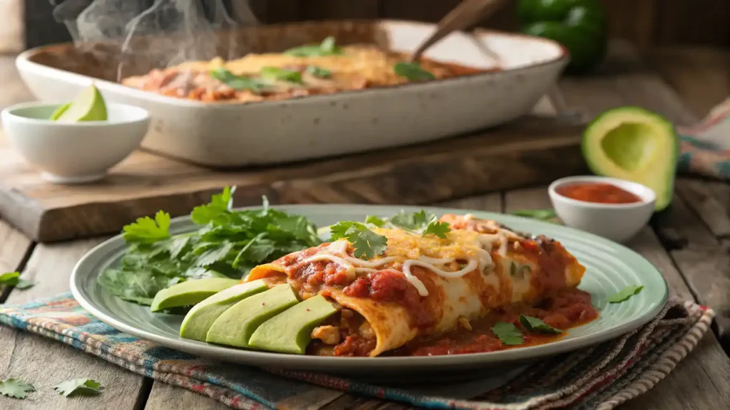 Plated Enchilada Casserole garnished with cilantro and avocado.