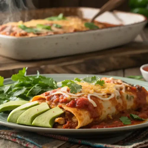 Plated Enchilada Casserole garnished with cilantro and avocado.