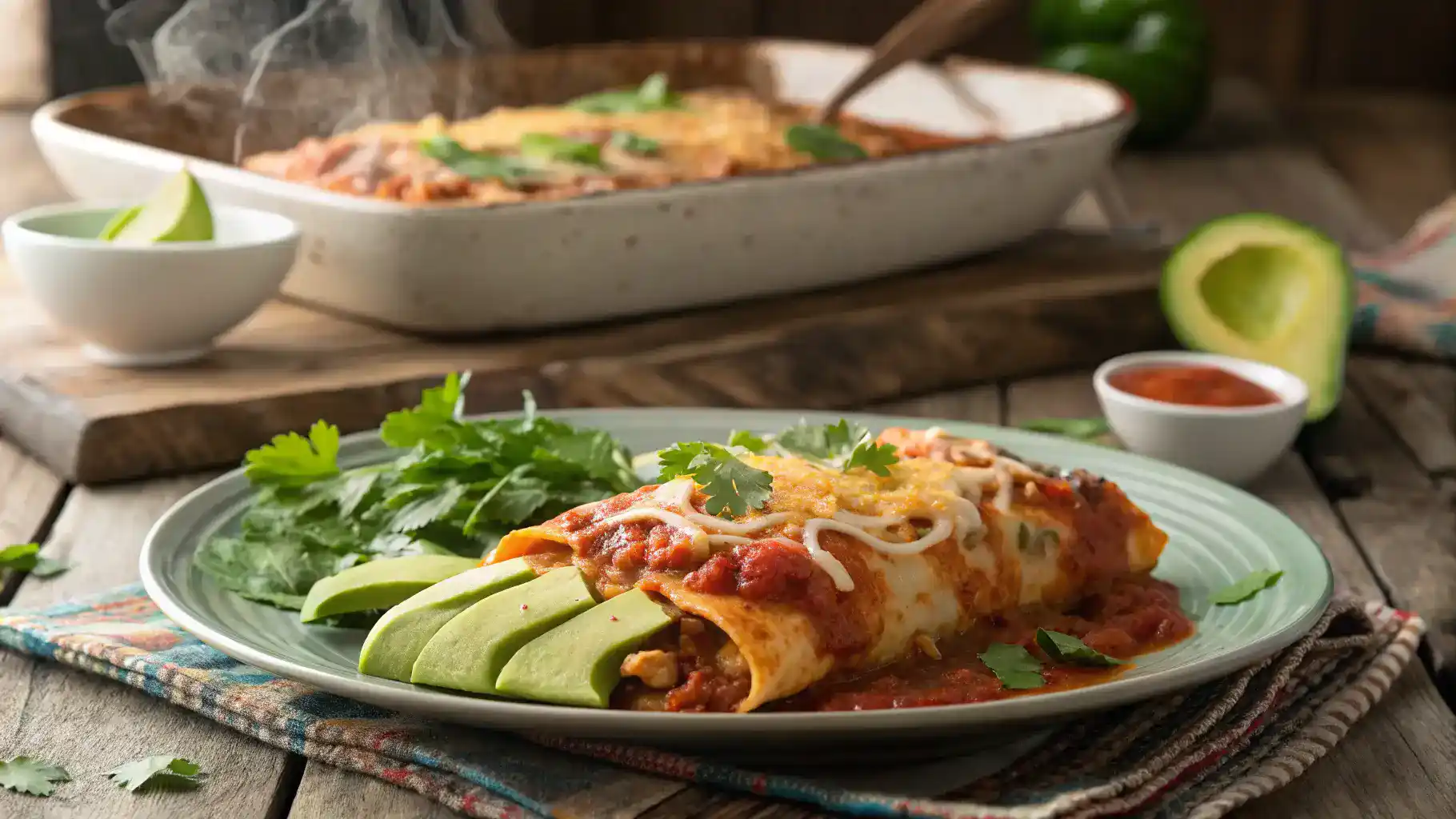 Plated Enchilada Casserole garnished with cilantro and avocado.