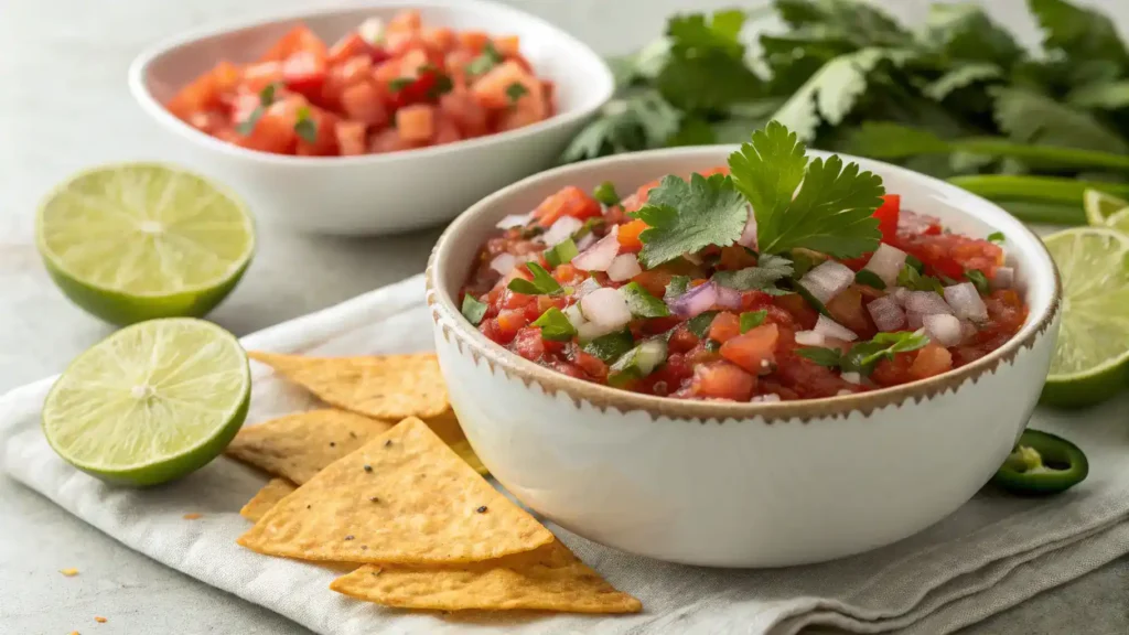 A bowl of fresh Pico de Gallo salsa garnished with cilantro, served with crispy tortilla chips.