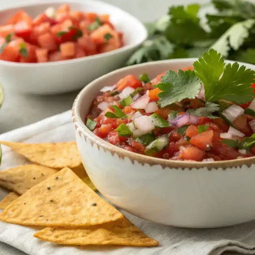 A bowl of fresh Pico de Gallo salsa garnished with cilantro, served with crispy tortilla chips.