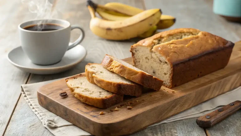 Freshly baked air fryer banana bread served with coffee.