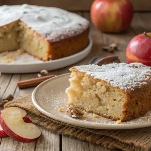 Freshly baked Amish Applesauce Cake on a rustic wooden table.