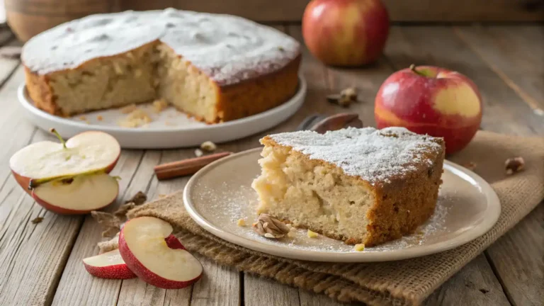 Freshly baked Amish Applesauce Cake on a rustic wooden table.