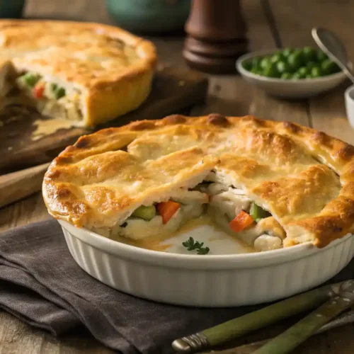 A freshly baked Chicken Pot Pie with a slice cut out.