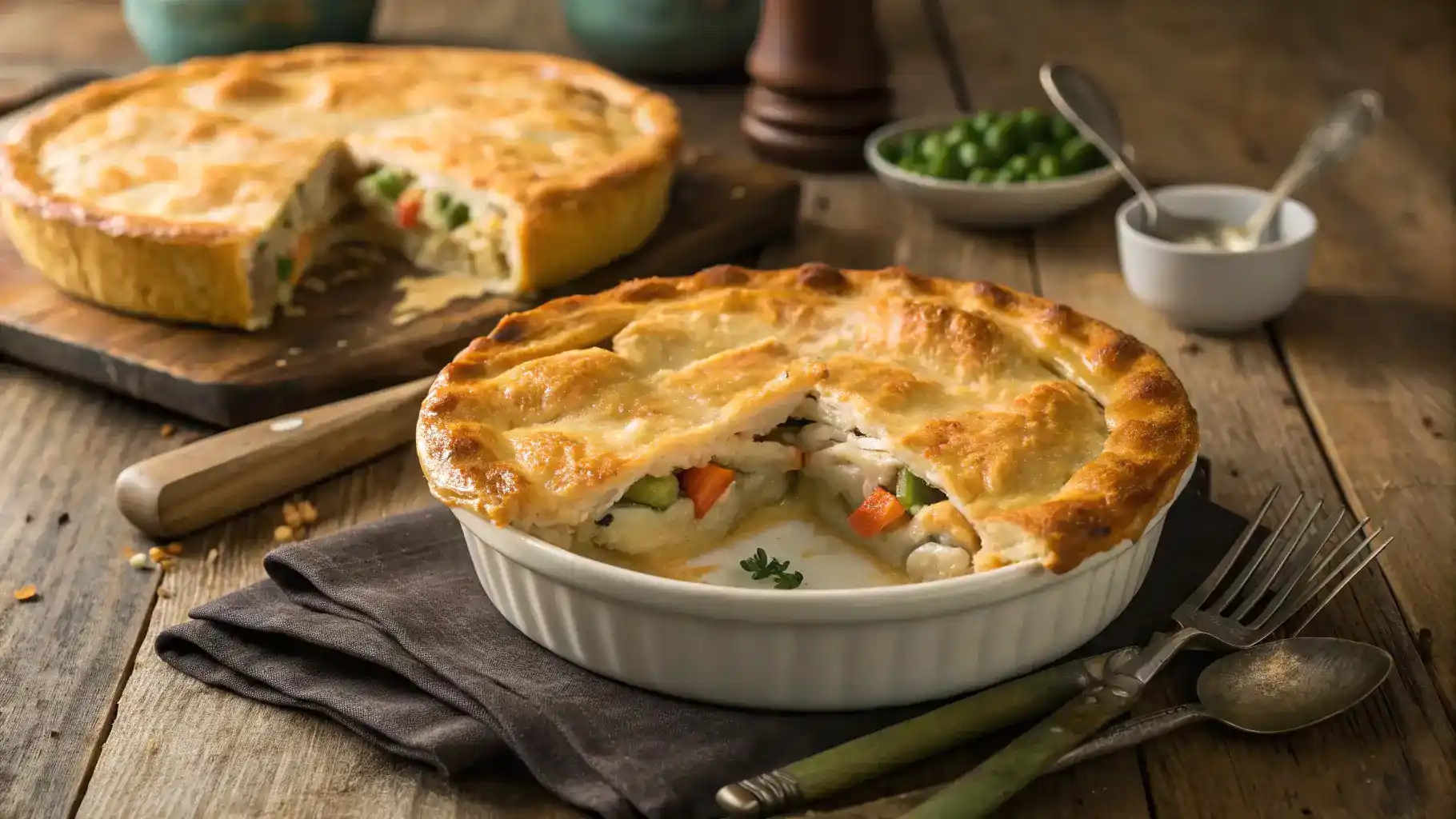 A freshly baked Chicken Pot Pie with a slice cut out.
