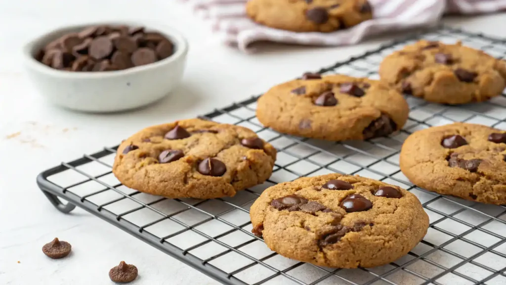 Freshly baked Flourless Almond Butter Chocolate Chip Cookies cooling on a rack.