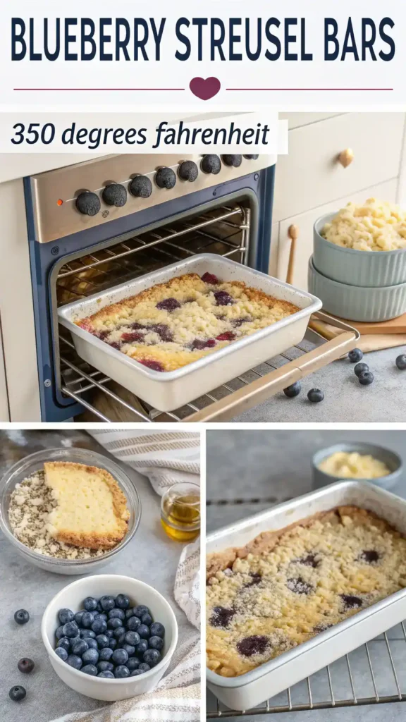 Step-by-step process of making BlueBerry Streusel Bars, showing ingredients and preparation steps.