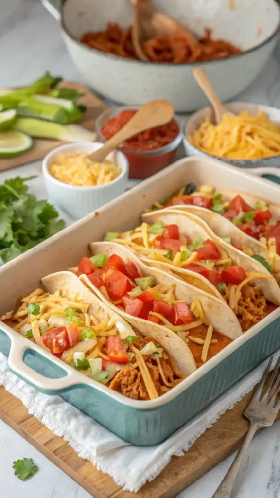 A delicious Chicken Taco Casserole layered with chicken, cheese, and toppings in a baking dish.