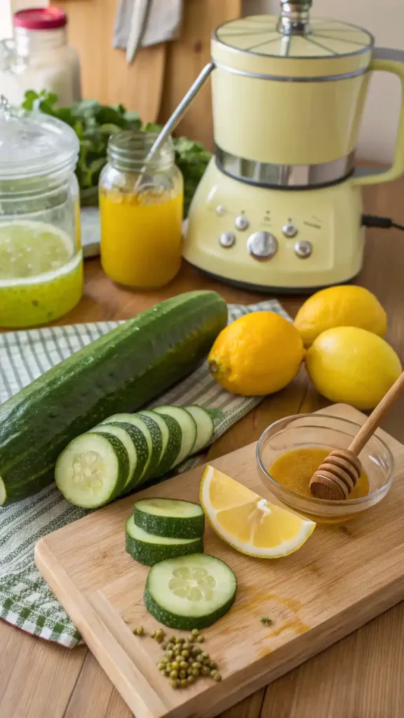 Ingredients for Cucumber Lemon Juice on a kitchen counter.