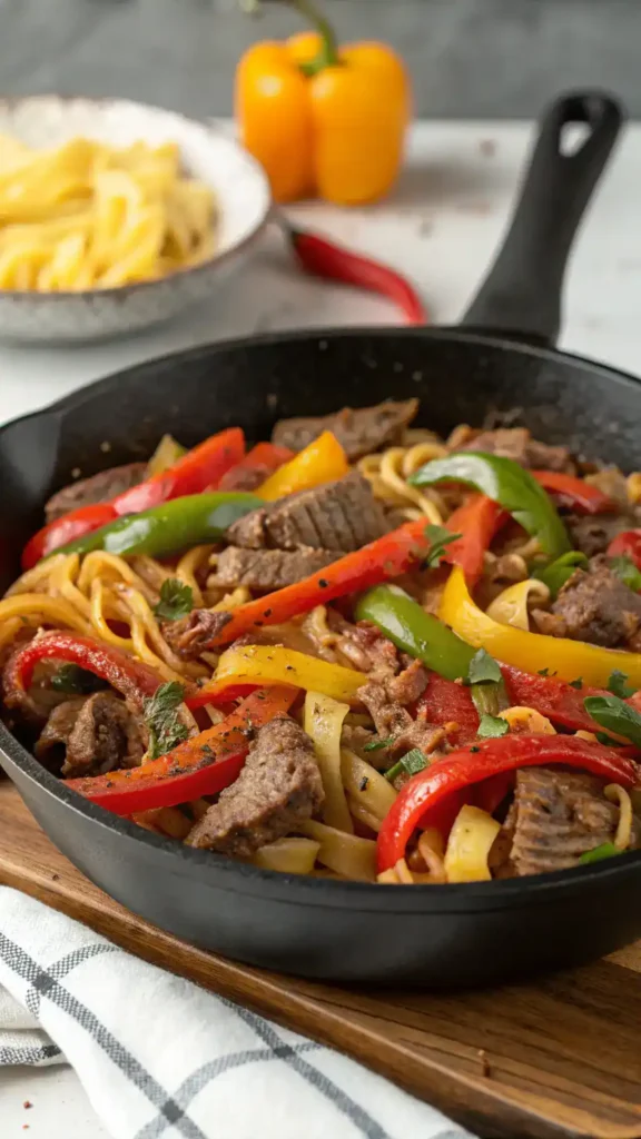 A delicious Italian Beef Pasta Skillet filled with colorful bell peppers and tender beef, garnished with Parmesan cheese.