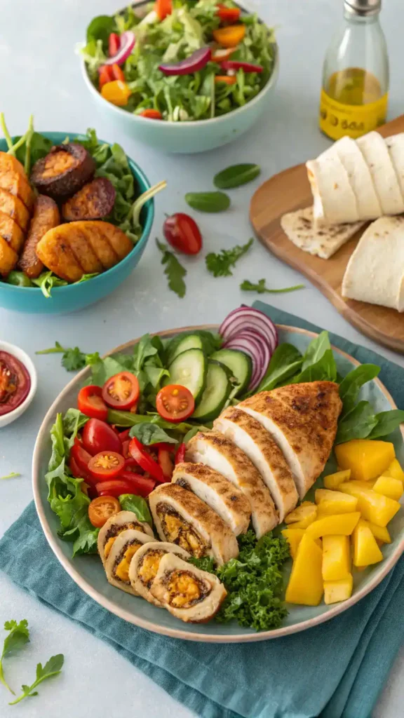 Serving suggestions for air fryer chicken breast, including salads and wraps.