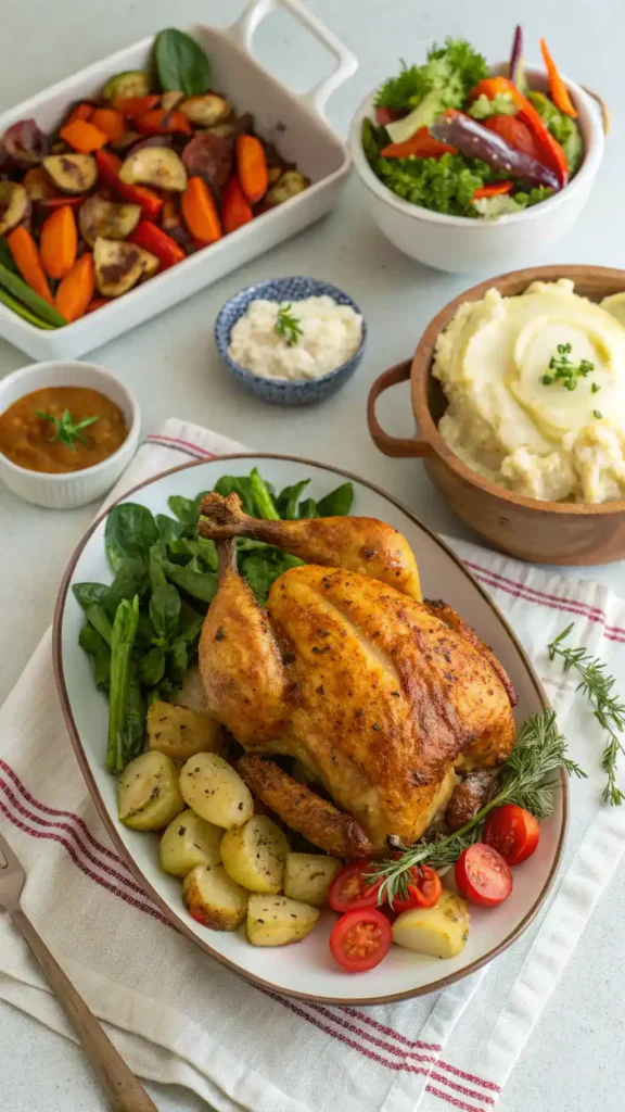 Air fryer roast chicken served with sides like mashed potatoes and salad.