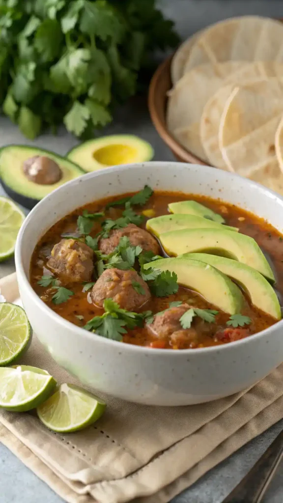 A beautifully garnished bowl of Albondigas Soup with tortillas.