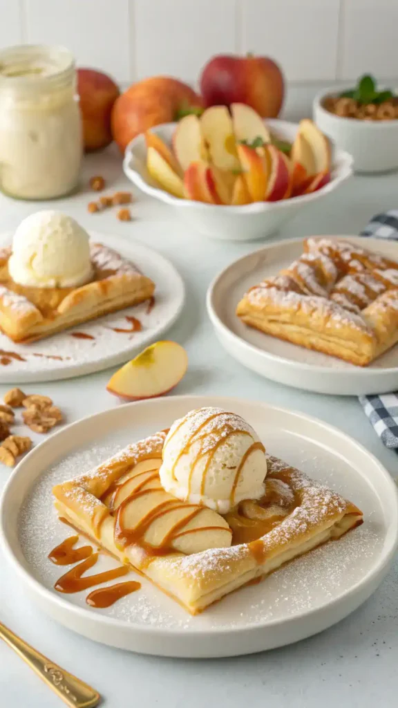 Serving suggestions for apple puff pastry with various toppings.