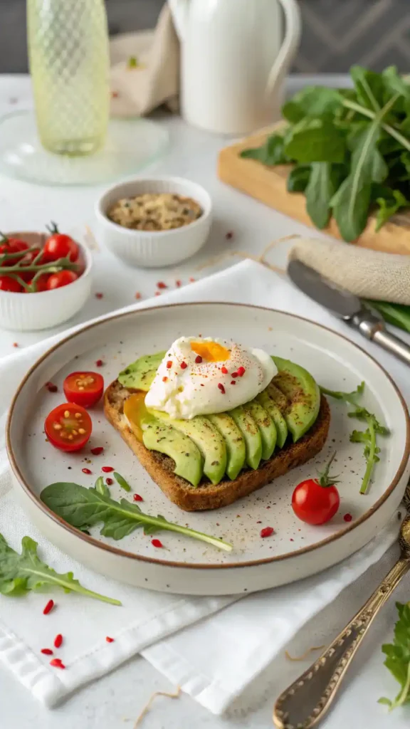 Serving suggestions for Avocado Toast with Egg, including garnishes and sides.