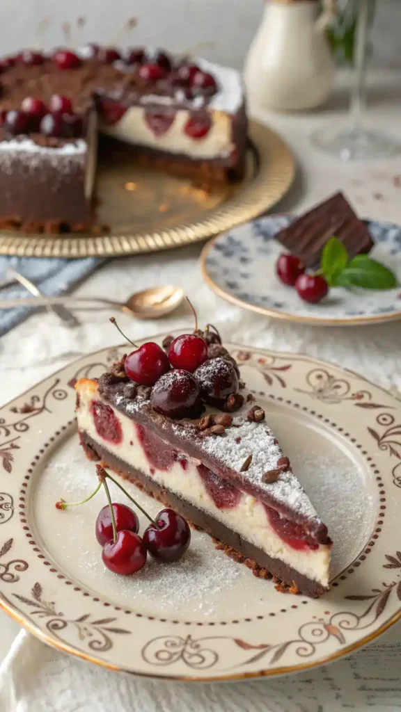 A slice of Black Forest Cheesecake served on a decorative plate with fresh berries.