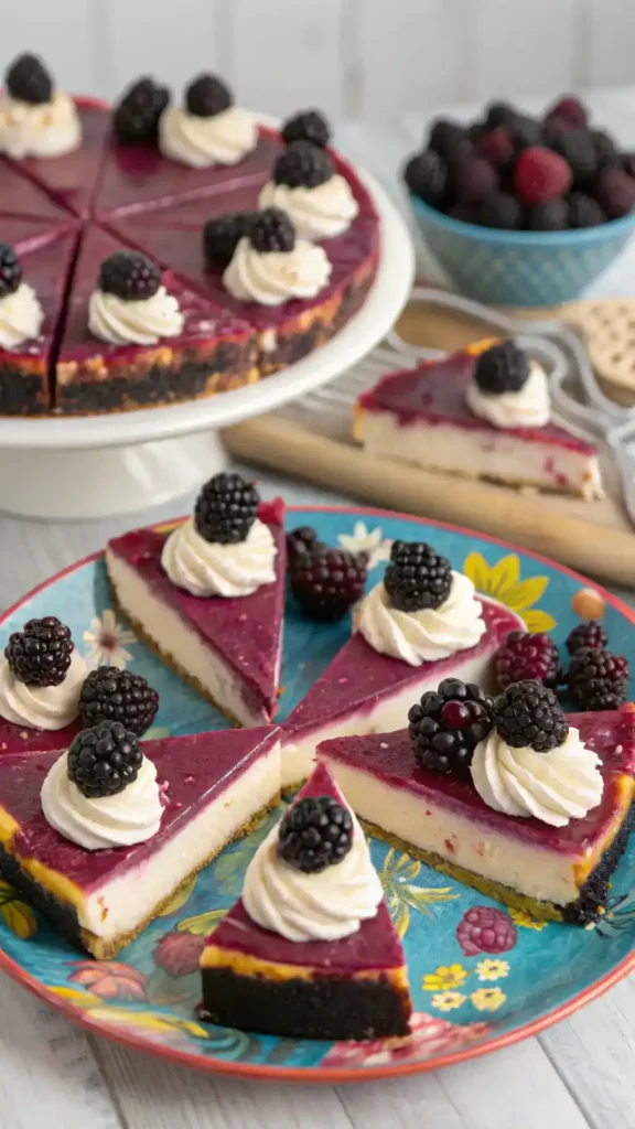 Delightful serving suggestions for blackberry cheesecake.