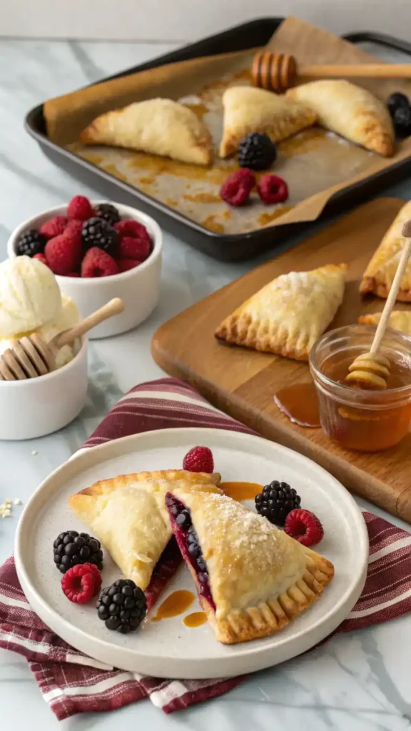Blackberry turnovers served with various accompaniments.