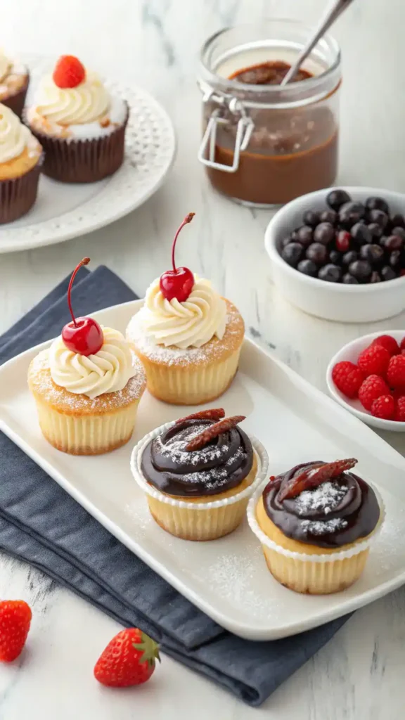 Serving suggestions for Boston Cream Pie Cupcakes, including whipped cream and fresh fruit.