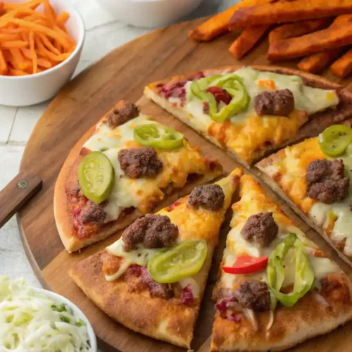 Cheeseburger Pizza served with fresh toppings and sides.