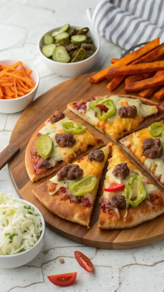 Cheeseburger Pizza served with fresh toppings and sides.